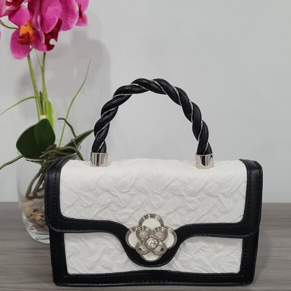 Chic Black/White Textures Floral Mini Crossbody Top Handle Bag w/Twilly - Picture 5 of 13